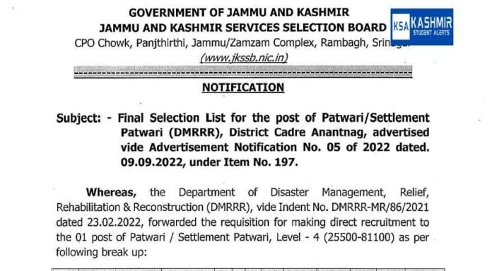 JKSSB patwari Final Selection List