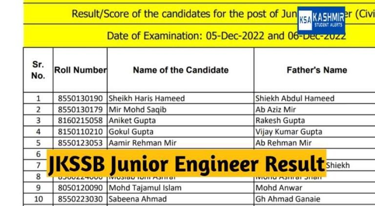 JKSSB Junior Engineer Result 2023 Declared Download Result/Scoresheet pdf here