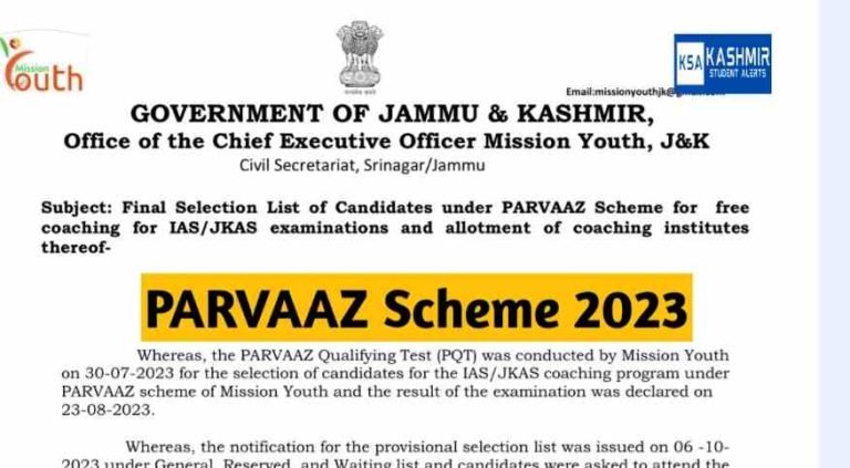 PARVAAZ Scheme 2023: Final Selection List for free coaching for IAS/JKAS examinations