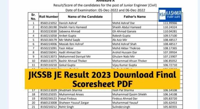 JKSSB JE Result 2023 Download