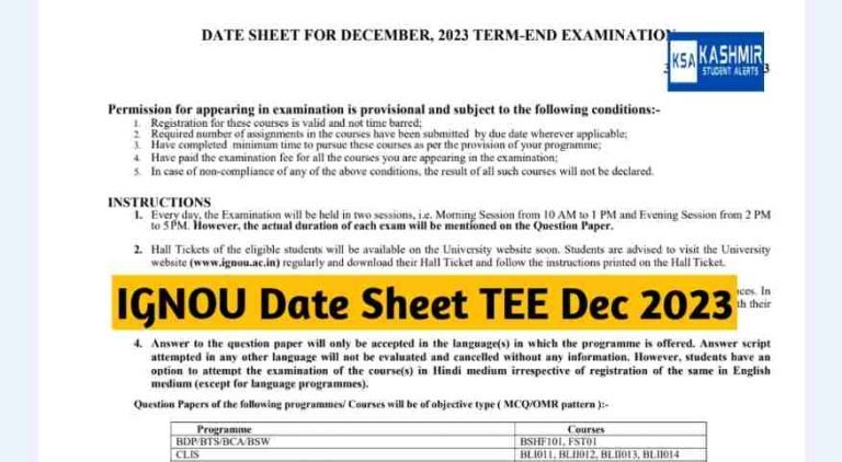 IGNOU Date Sheet TEE Dec 2023, Download IGNOU TEE date sheet Session 2023