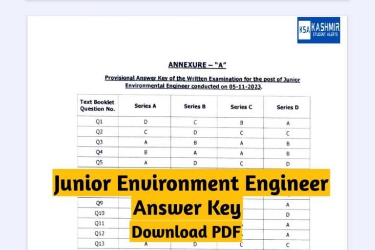 JKSSB Junior Environment Engineer Answer Key Download pdf