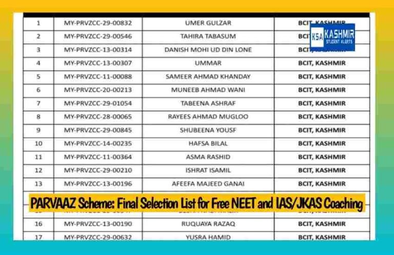 PARVAAZ Scheme: Final Selection List for Free NEET and IAS/JKAS Coaching with Coaching Institute Allotments