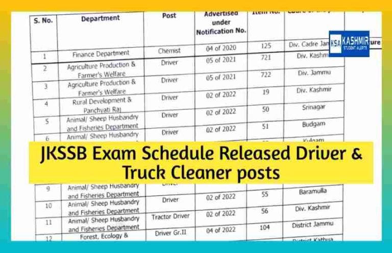 JKSSB Exam Schedule Released for Various posts, check here