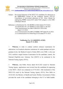 JKBOPEE NEET UG Provisional Selection list for admission to the MBBS/BDS Courses