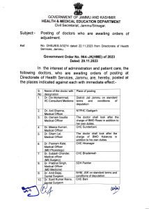 Immediate Posting of Doctors Awaiting Orders of Adjustment in Jammu and Kashmir"