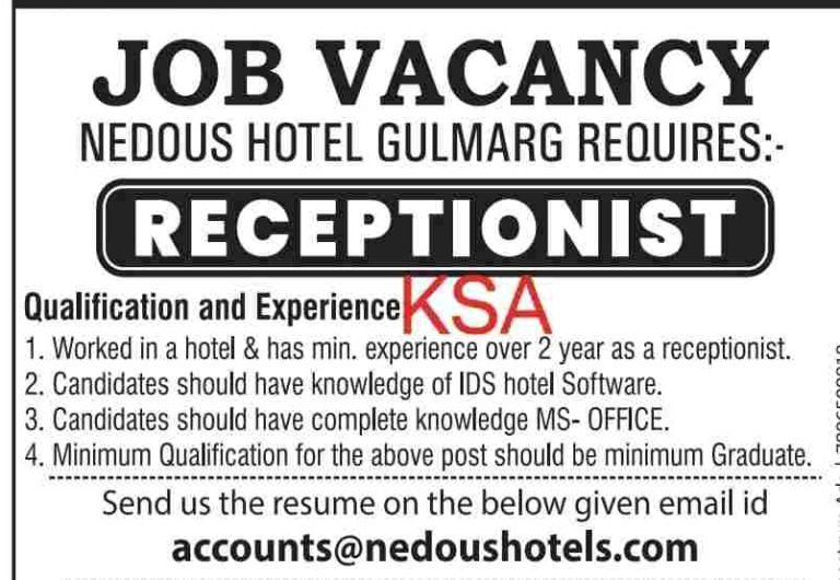 NEDOUS Hotel Recruitment 2023 for Receptionist posts – Check Qualification and Experience