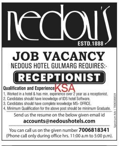 NEDOUS Hotel Recruitment 2023 for Receptionist posts - Check Qualification and Experience