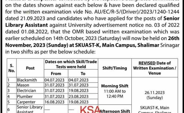 SKUAST Exam Dates Released for Blacksmith, Mechanic, Mason, Electrician, Plumber & other posts