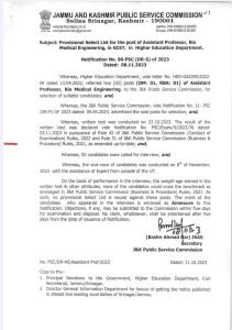 JKPSC Provisional Select List for the post of Assistant Professor
