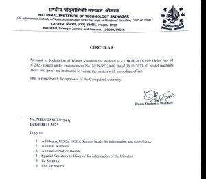 NIT Srinagar Asks Students To Vacate Hostels With Immediate Effect for Winter Vacations