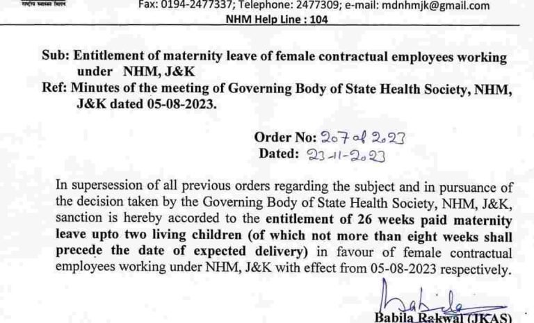 J&K Government entitles Female contractual NHM employees for maternity leave