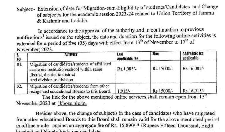 JKBOSE ‌Important migration notice and Change of subject’s for the academic session 2023-24