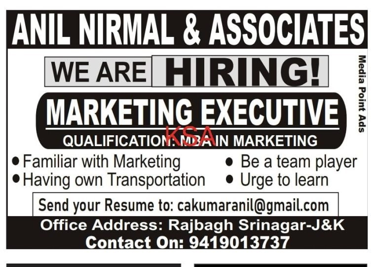 Marketing Executive Jobs in ANIL NIRMAL & ASSOCIATES, details hers