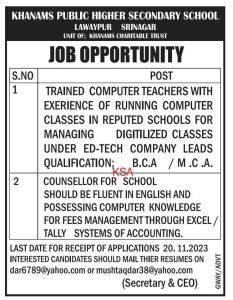 "Job Alert: Khanams Public H.S. School in Srinagar Hiring Computer Teachers and Counsellors! Apply by November 20, 2023."
