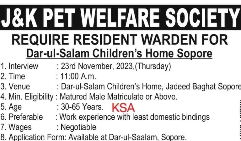 Job Alert: Resident Warden Position at Dar-ul-Salam Children’s Home, Sopore