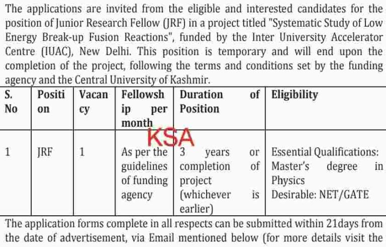 Central University of Kashmir Recruitment: Apply for Junior Research Fellow Position