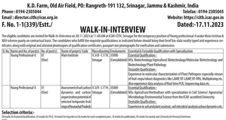 ICAR CITH Srinagar Jobs: Walk-In-Interview for Young Professional-II Position