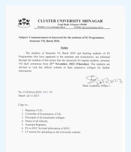 Cluster University Srinagar Commencement of Classwork for IG Programmes Semester VII, Batch 2020