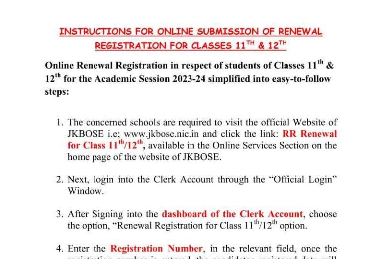 JKBOSE Instructions For Online Submission of renewal registration for classes 11th & 12th