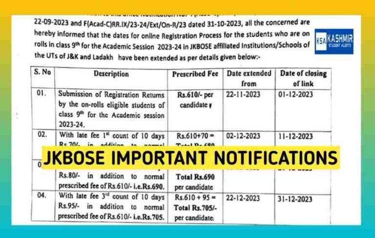 JKBOSE class 9th and class 10th important notifications Academic Session 2023-24