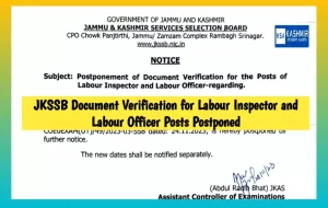 JKSSB Document Verification for Labour Inspector and Labour Officer Posts Postponed