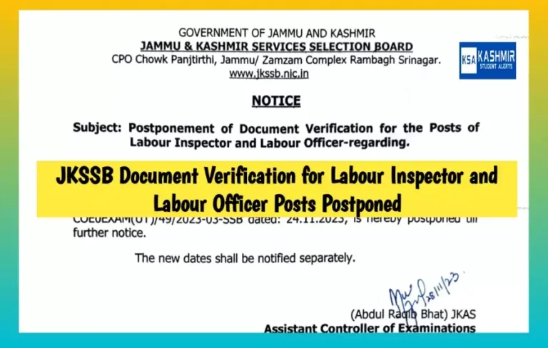 JKSSB Document Verification for Labour Inspector and Labour Officer Posts Postponed