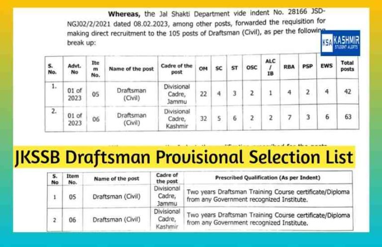 JKSSB Draftsman Provisional Selection List Released Download Pdf