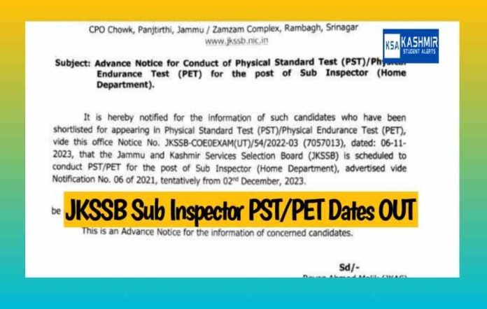 JKSSB Sub Inspector PST/PET Dates Released, Download notice