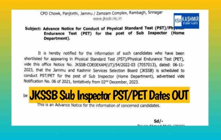 JKSSB Sub Inspector PST/PET Dates Released, Download notice here @jkssb.nic.in