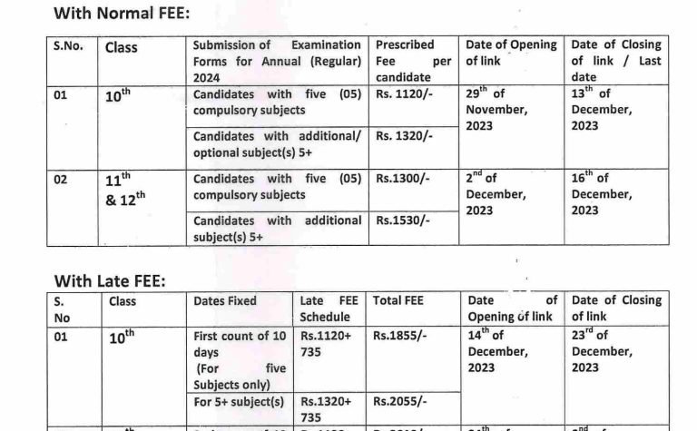 JKBOSE 10th 11th 12th Exam Forms 2024 Annual Regular, important dates, Apply online