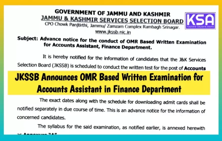 JKSSB Announces OMR Based Written Examination for Accounts Assistant in Finance Department