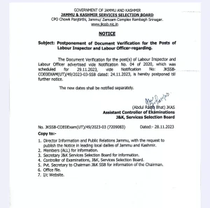 JKSSB Document Verification for Labour Inspector and Labour Officer Posts Postponed