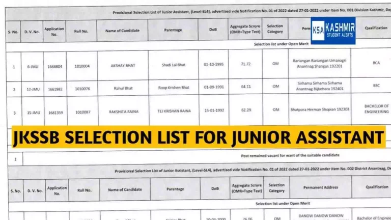 JKSSB Selection List for Junior Assistant/ Junior Assistant-cum-Computer Operator posts