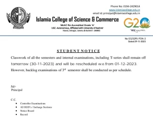 Islamia College Srinagar: Class Work Suspended and Exams Delayed Today