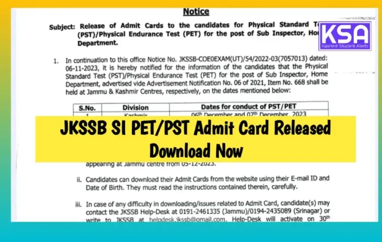 JKSSB SI PET/PST Admit Card Released Download Now