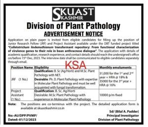 SKUAST Kashmir Recruitment 2023 for JRF & Project Assistant posts