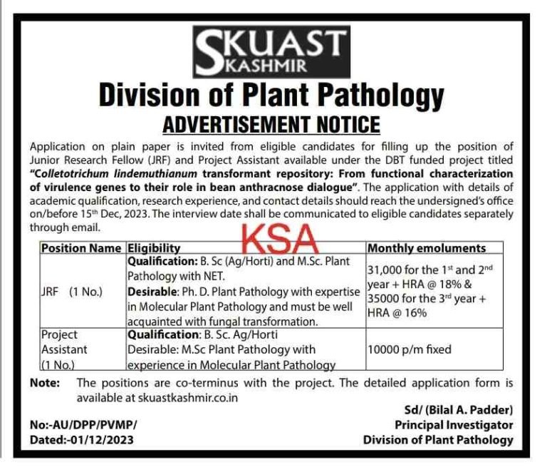 SKUAST Kashmir Recruitment 2023 for JRF & Project Assistant posts