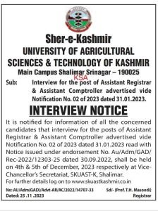 SKUAST Kashmir Notification for Assistant Registrar and Assistant Controller posts