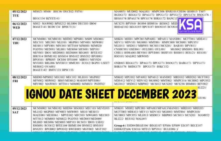 IGNOU Date Sheet December 2023 Download Date Sheet December 2023 PDF, Exam Dates