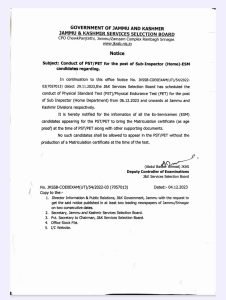 JKSSB Important Notice for ESM Candidates - Sub Inspector (Home Department) PST/PET