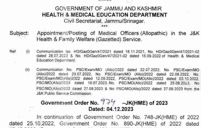 Posting of Medical Officers in the J&K Health & Family Welfare Service