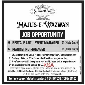 MAJLIS-E-WAZWAN Jobs Recruitment 2023 for Restaurant/Event Manager & Marketing Manager posts