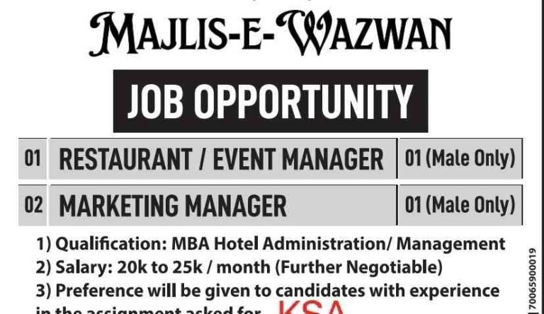 MAJLIS-E-WAZWAN Jobs Recruitment 2023 for Restaurant/Event Manager & Marketing Manager posts