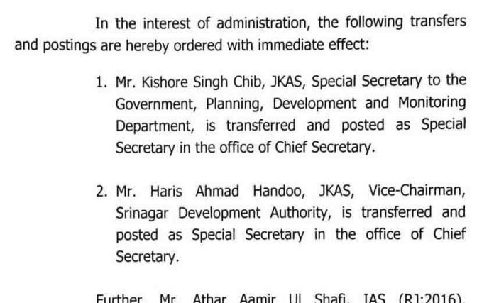 Transfers and postings of JKAS officers