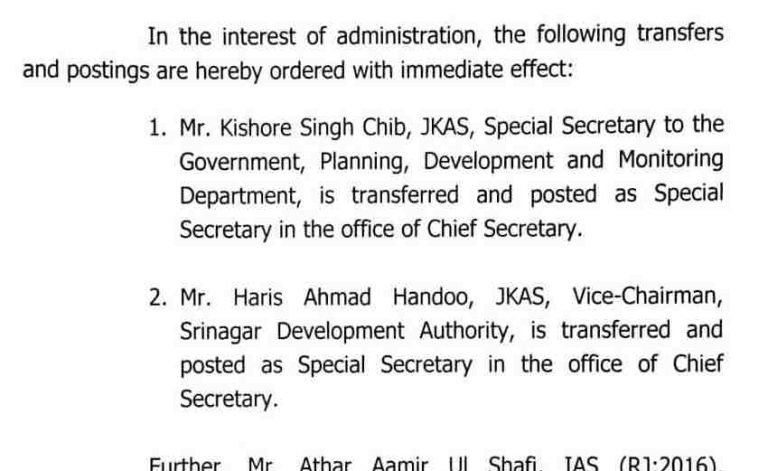 Transfers and postings of JKAS officers, read order here