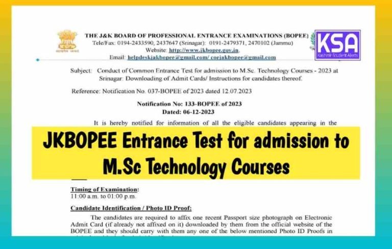 JKBOPEE Entrance Test for admission to M.Sc Technology Courses