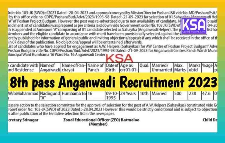 8th Pass Anganwadi Recruitment 2023 Budgam Download Merit/selection list