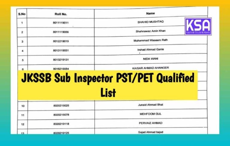 JKSSB list of candidates who have Qualified SI PET/PST Download here