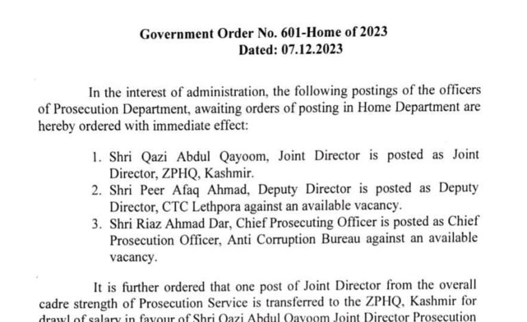 Transfer and Postings in J&K Prosecution Department, details here